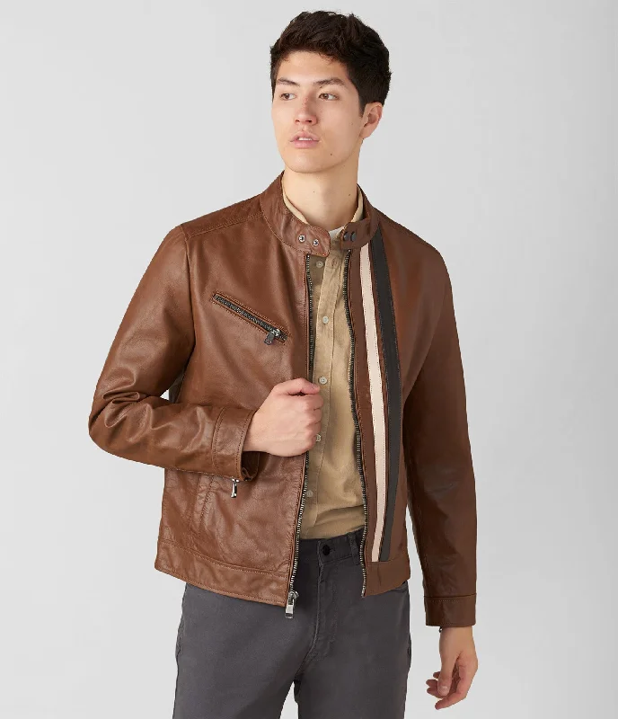 Lightweight men jackets made from recycled nylon for eco - friendly travel Adam Leather Jacket With Multi Stripe