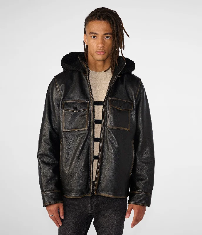 Denim men jackets with embroidered patches for a personalized touch Joshua Shearling Jacket With Removable Hood