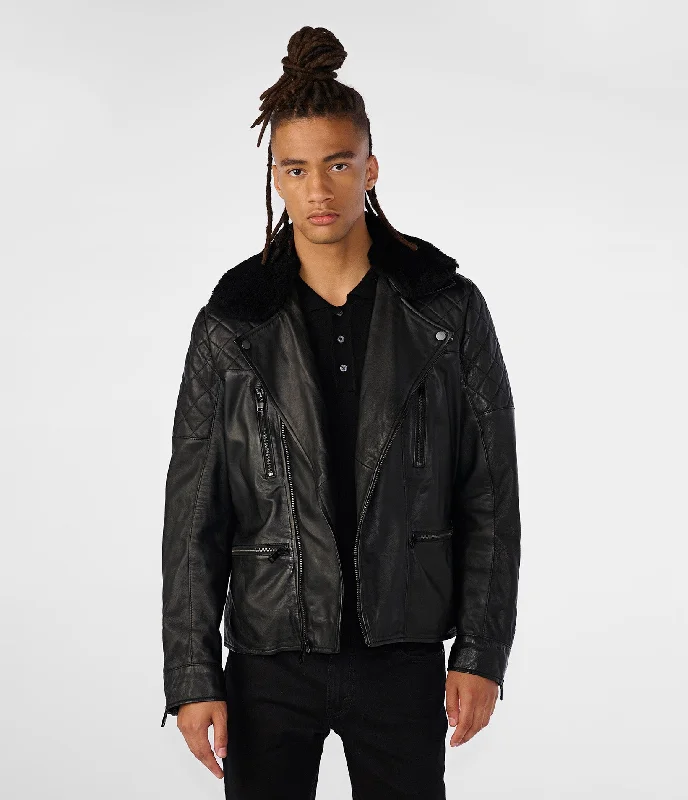Bomber men jackets with ribbed cuffs for a classic 80s style Leo Moto Jacket With Shearling