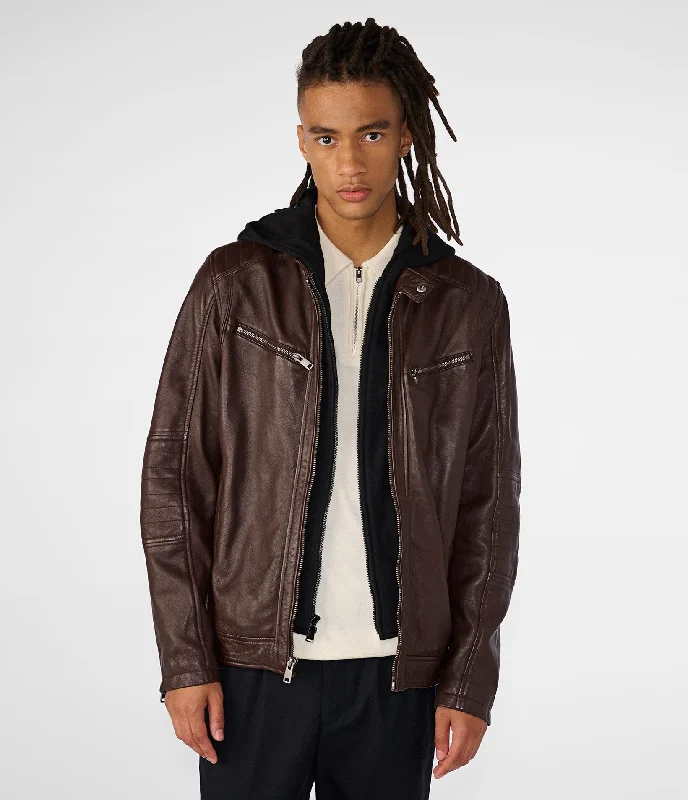 Corduroy men jackets in earthy tones for a rustic charm Cooper Leather Jacket With Removable Hood