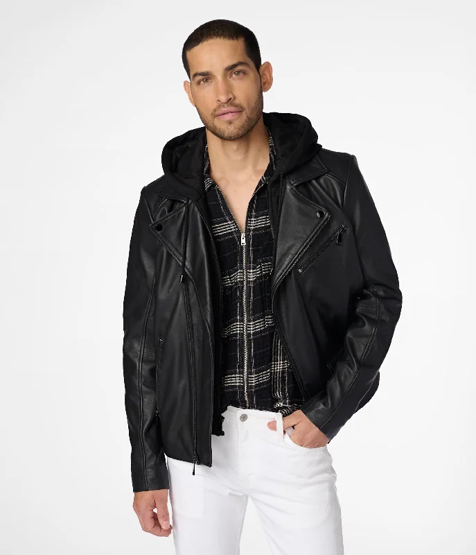 Slim - fit leather men jackets with a distressed finish for a rugged look Jaxson Hooded Moto Jacket