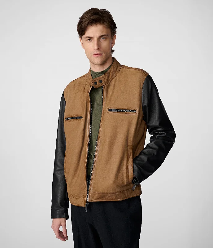 Hooded men jackets with a detachable faux - fur trim for added warmth Gary Colorblock Leather Jacket
