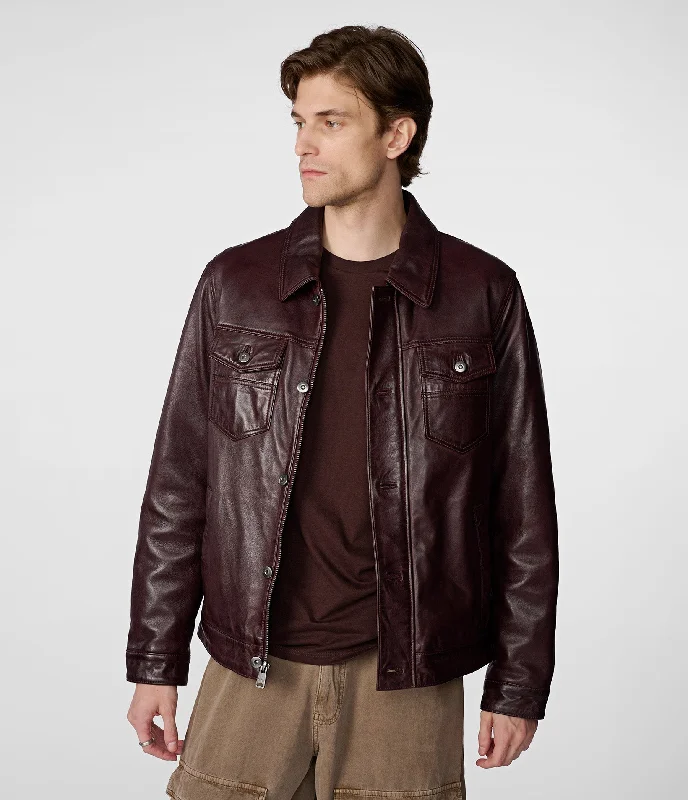 Hooded men jackets with a detachable faux - fur trim for added warmth Kyle Leather Trucker Jacket
