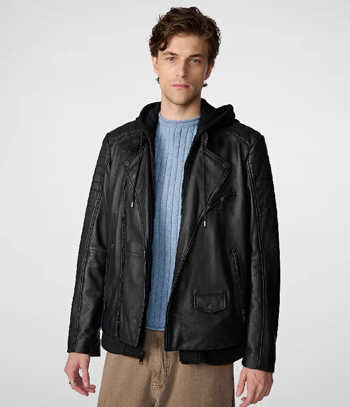 Plus - size men jackets with adjustable drawstrings for a comfortable fit Dustin Leather Hooded Moto Jacket