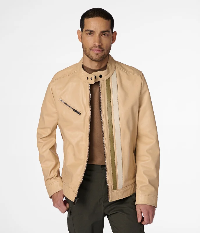 Bomber men jackets with ribbed cuffs for a classic 80s style Arlo Racing Stripe Moto Jacket With Hood