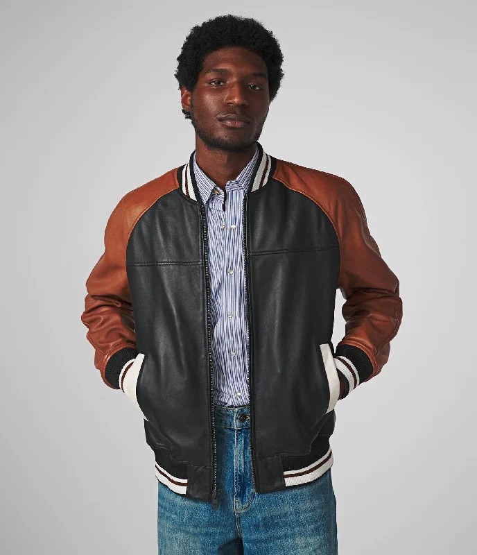 Hooded men jackets with a detachable faux - fur trim for added warmth Reid Varsity Jacket