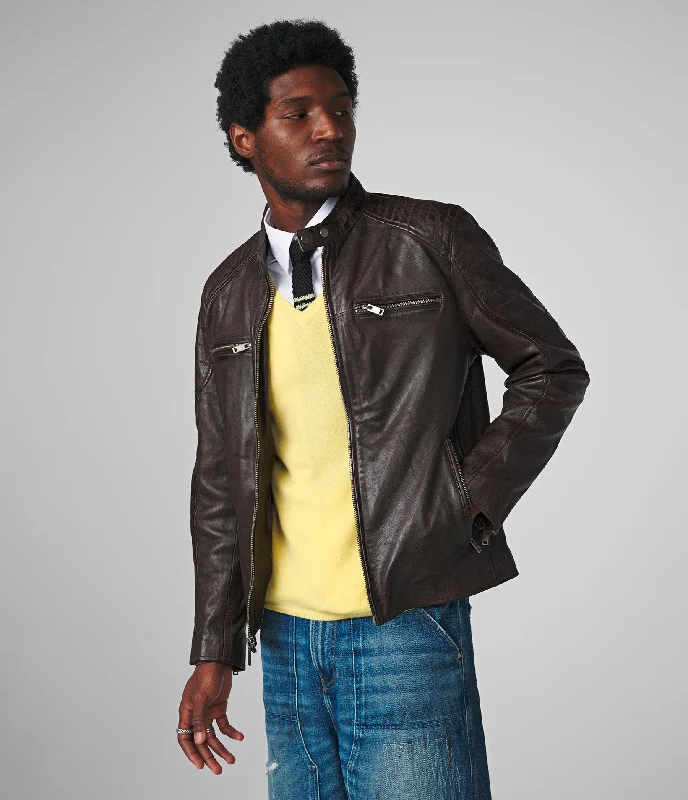 Hooded men jackets with a detachable faux - fur trim for added warmth Lance Moto Leather Jacket