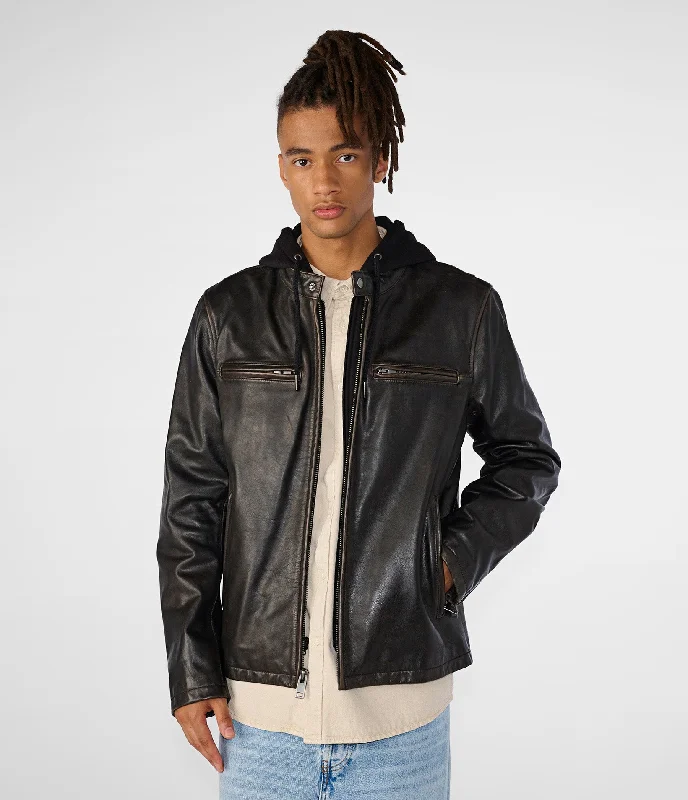 Stretch - fabric men jackets for unrestricted movement during workouts Alan Leather Jacket With Hood