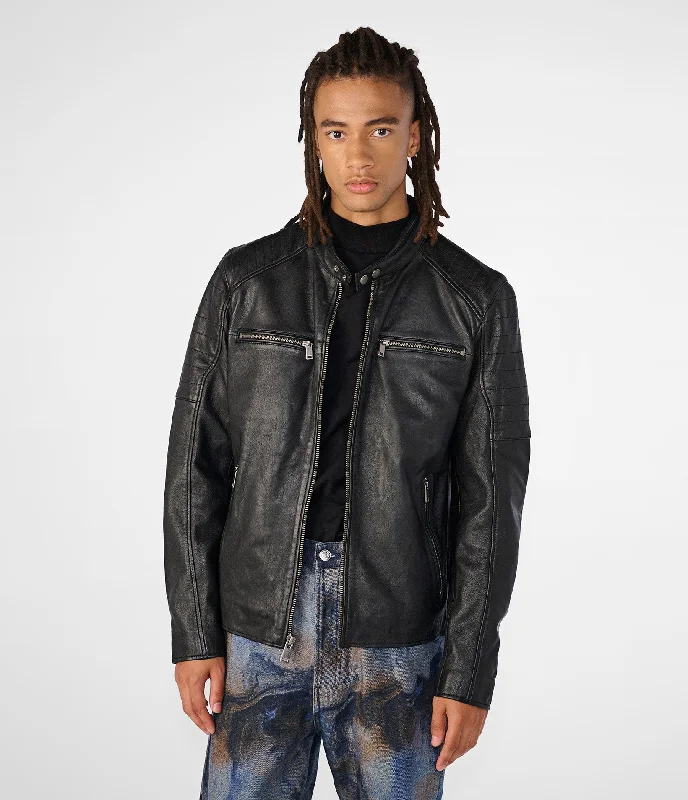 Men jackets with a media - friendly pocket for easy access to gadgets Lance Moto Leather Jacket