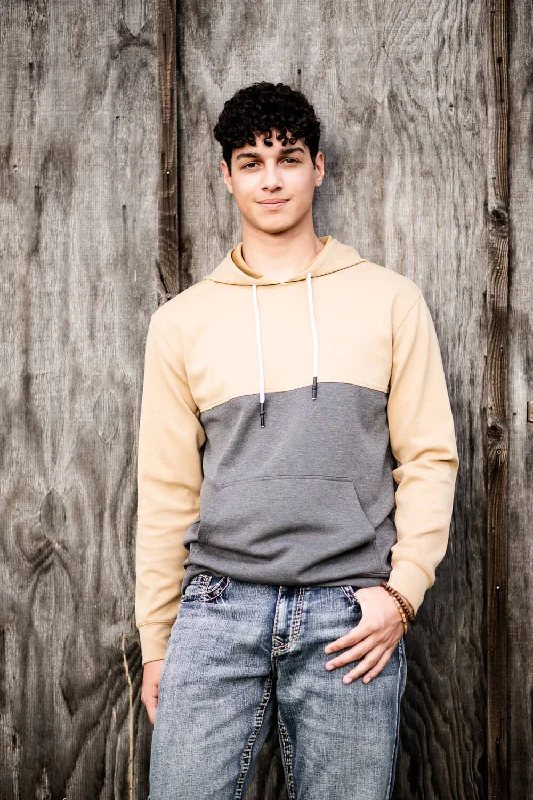 Men fleece quarter - zip pullovers with thumbholes 1897 Original Colorblock Hoodie for Men in Tan Charcoal | MJ981-TANCHARCOAL