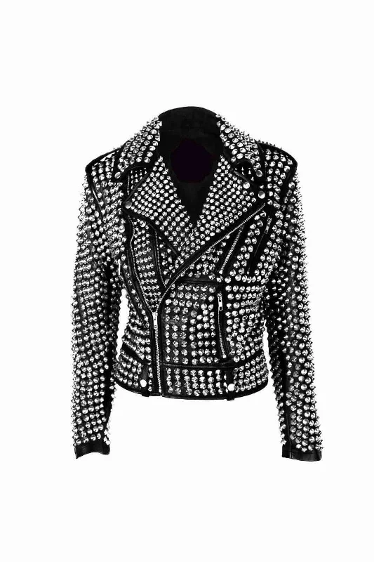 Men leather moto jackets with multiple zipper pockets for added storage and an edgy appearance A.L.C Woman Full Silver Studded Punk Cowhide Leather Jacket