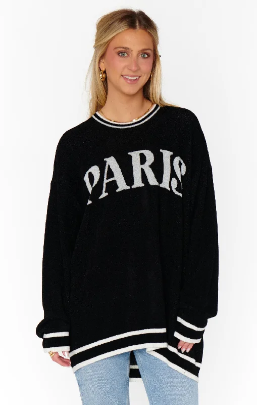 Plus Size Men's Long - Sleeve Thermal Pullover in Black for Extra Warmth in Cold Weather Adventure Sweater ~ Paris Graphic Knit