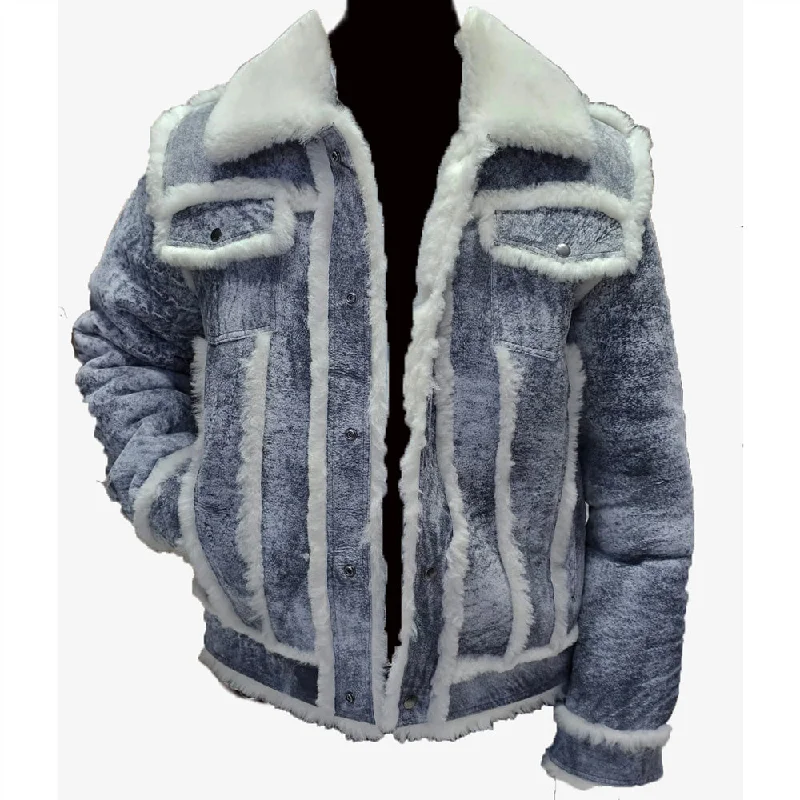 Men leather chore jackets with a durable waxed - leather finish for a rustic and hard - wearing option Aiden's Distressed Grey Shearling Trucker Jacket