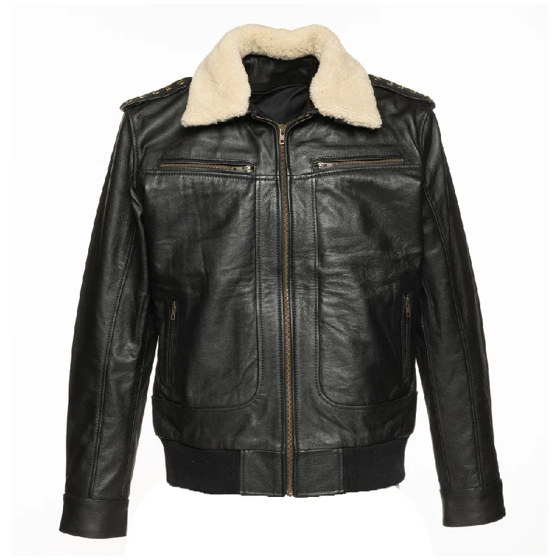Men leather sport coats with a stretch - fabric panel for enhanced mobility Alaric black bomber jacket with shearling collar
