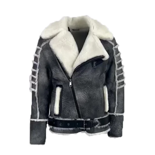 Men leather hunting jackets with a camouflage - printed leather for outdoor pursuits Albert distressed Grey shearling biker style jacket