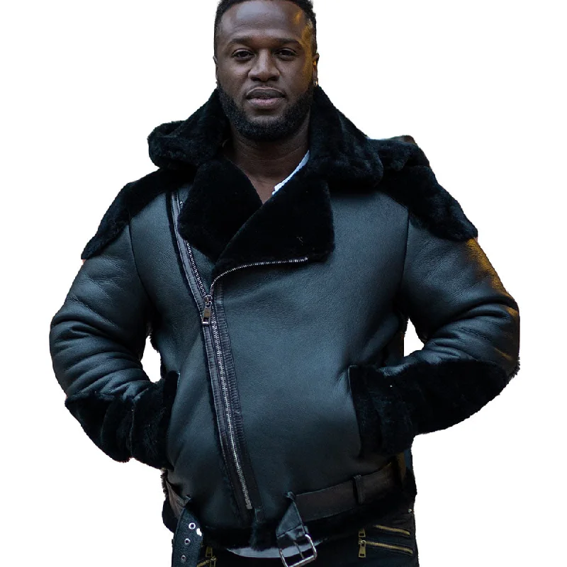 Men leather raincoats with a waterproof membrane for staying dry in wet conditions Alek's Black Biker Shearling Jacket with Fur Details