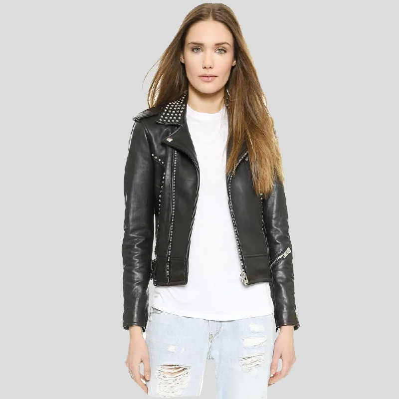 Men leather blouson jackets with a drawstring hem for a customizable fit Amia Black Studded Leather Jacket