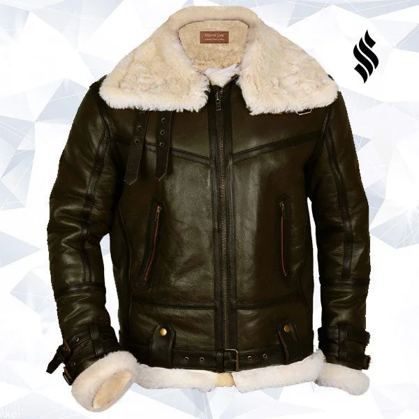 Men leather chore jackets with a durable waxed - leather finish for a rustic and hard - wearing option Army Green Men B3 Bomber Shearling Leather Jacket
