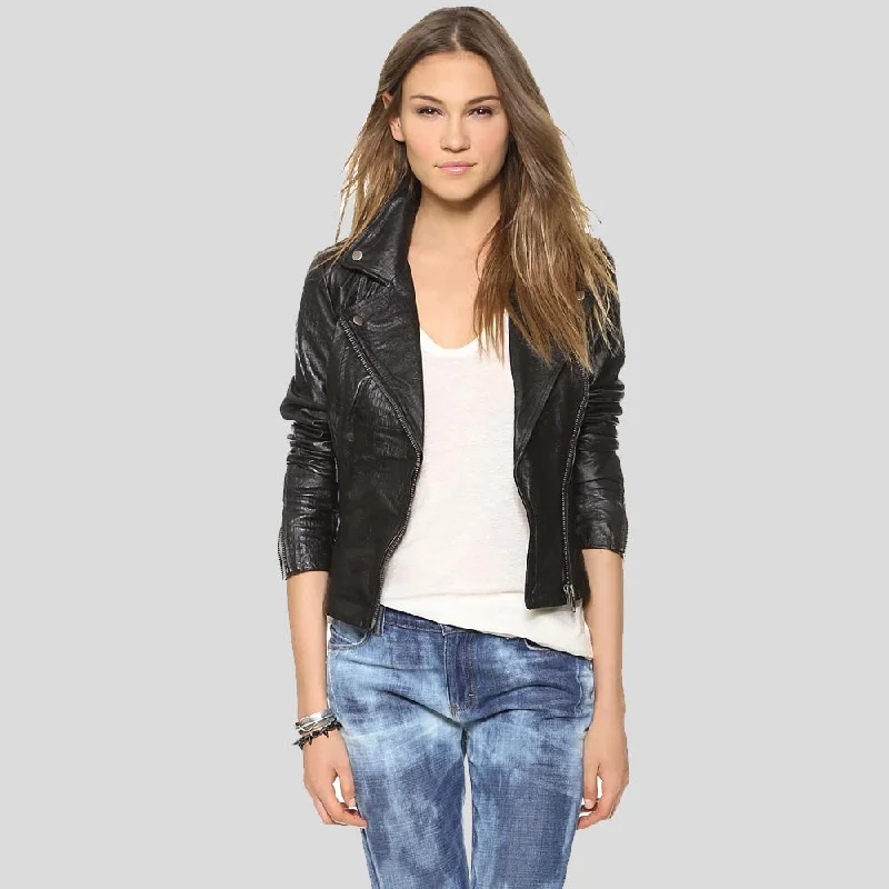 Men leather pea jackets with a high - collar for added warmth and a classic nautical style Azaria Black Motorcycle Leather Jacket