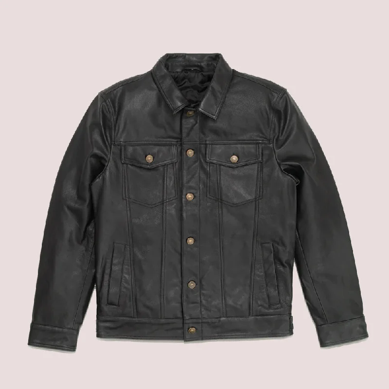 Men leather pea jackets with a high - collar for added warmth and a classic nautical style B3 Black Mens Rugged Style Sheepskin Leather Motorcycle Jacket