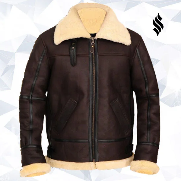 Men leather pea jackets with a high - collar for added warmth and a classic nautical style B3 Bomber Aviator Shearling Leather Jacket