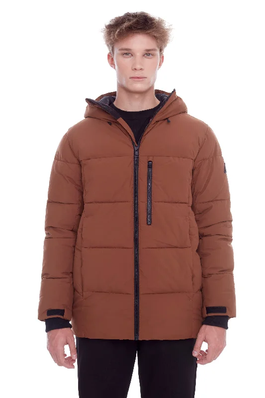 Men down jackets with a removable hood for versatile styling options BANFF | MEN'S VEGAN DOWN (RECYCLED) MID-WEIGHT QUILTED PUFFER JACKET