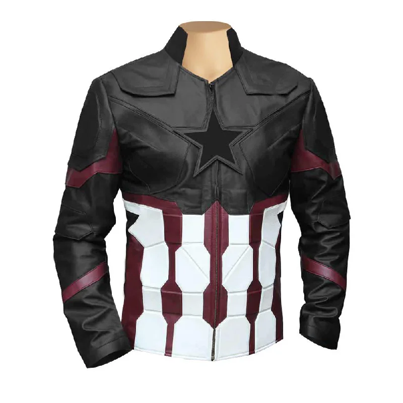 Men leather moto jackets with multiple zipper pockets for added storage and an edgy appearance Captain America's Infinity War Jacket