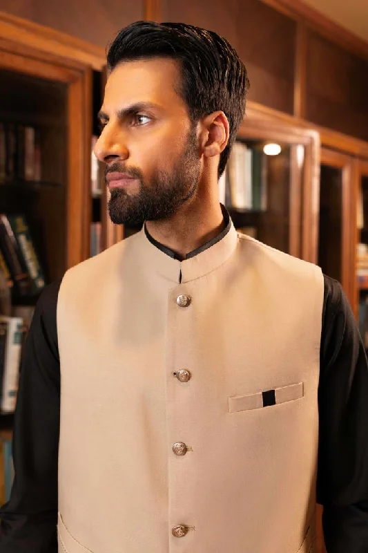 Men vest with a mandarin collar for a sophisticated appearance Beige Wool Waistcoat (W.C 0013)