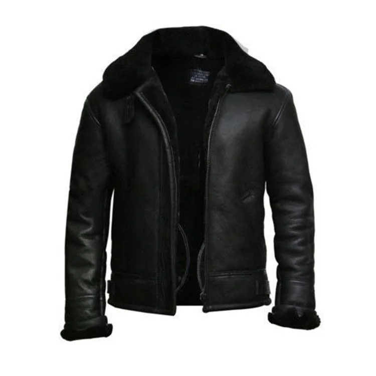 Men leather driving jackets with a suede interior for a luxurious and comfortable touch Black Aviator Fur Collar Genuine Leather Jacket