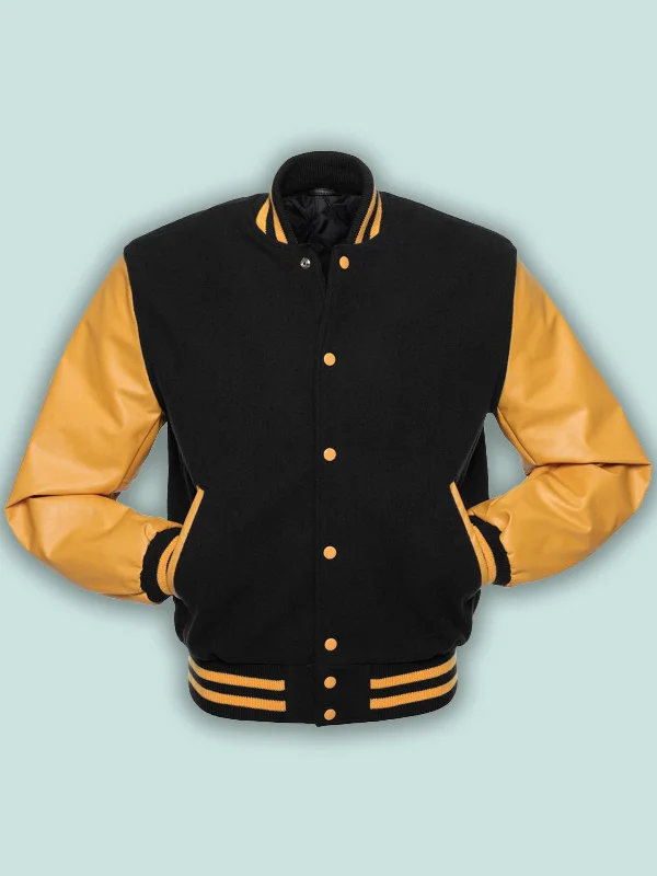 Men leather windbreakers with a lightweight leather construction for a breezy feel Black & Gold Varsity Jacket