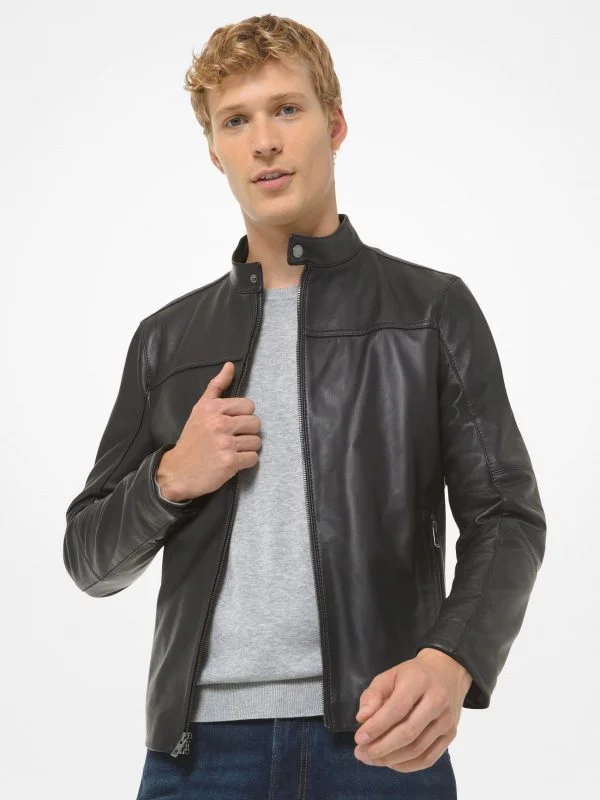 Men leather bomber jackets with ribbed cuffs and hem for a snug and retro feel Black Leather Jacket