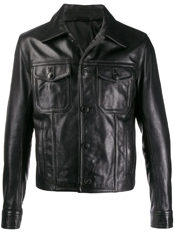 Men leather chore jackets with a durable waxed - leather finish for a rustic and hard - wearing option Black Leather Jacket