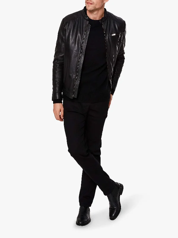 Men leather pea jackets with a high - collar for added warmth and a classic nautical style Black Leather Jacket