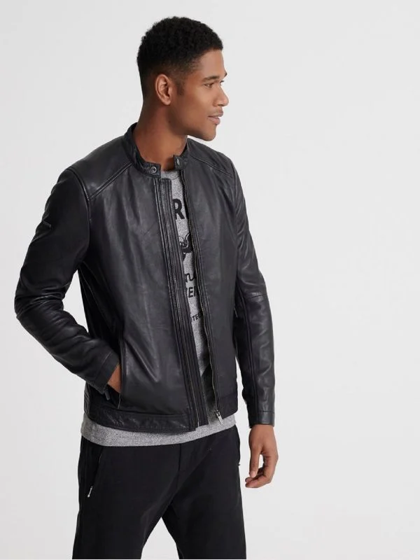 Men leather sport coats with a stretch - fabric panel for enhanced mobility Black Leather Jacket