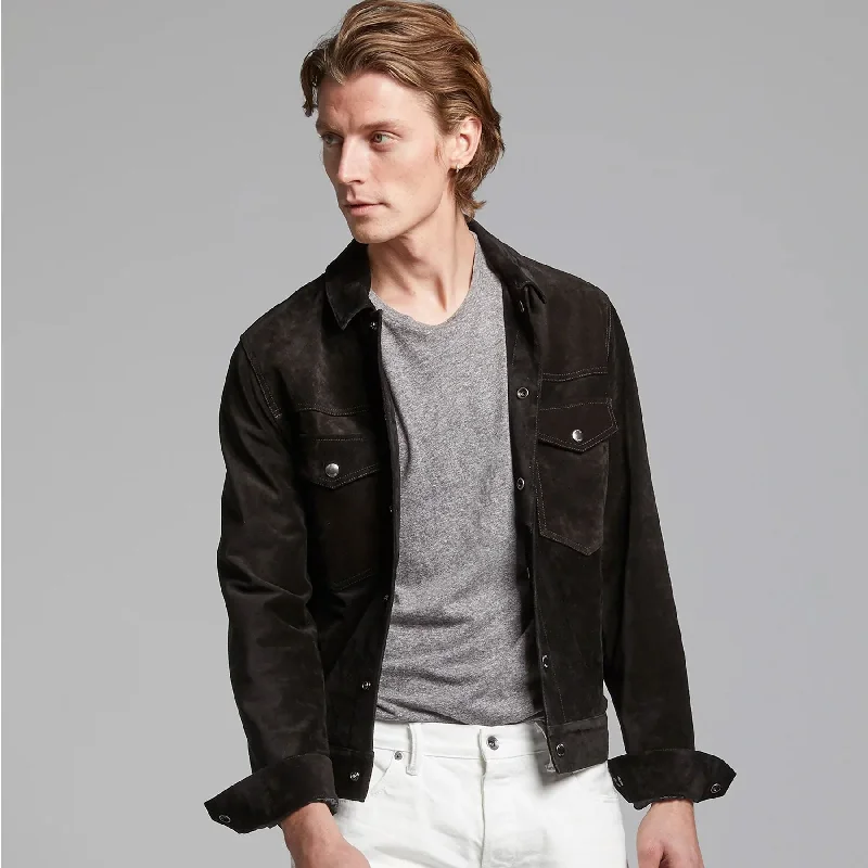 Men leather safari jackets with a breathable cotton - blend exterior for outdoor adventures Black Men’s Suede Leather Jacket  Shirt Jeans Style