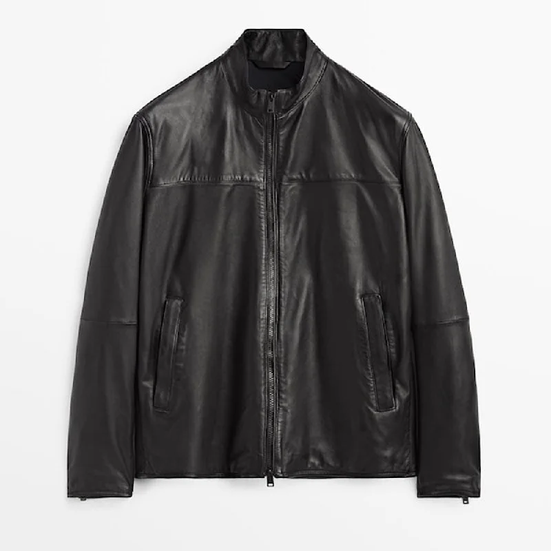 Men leather peacoats with a wool - blend lining for extra warmth in cold weather Black Sheepskin Leather Biker Jacket For Men