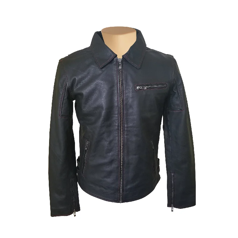 Men leather chore jackets with a durable waxed - leather finish for a rustic and hard - wearing option Bonnie's black leather jacket with red stitching