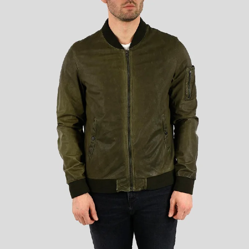 Men leather safari jackets with a breathable cotton - blend exterior for outdoor adventures Briggs Green Suede Leather Jacket