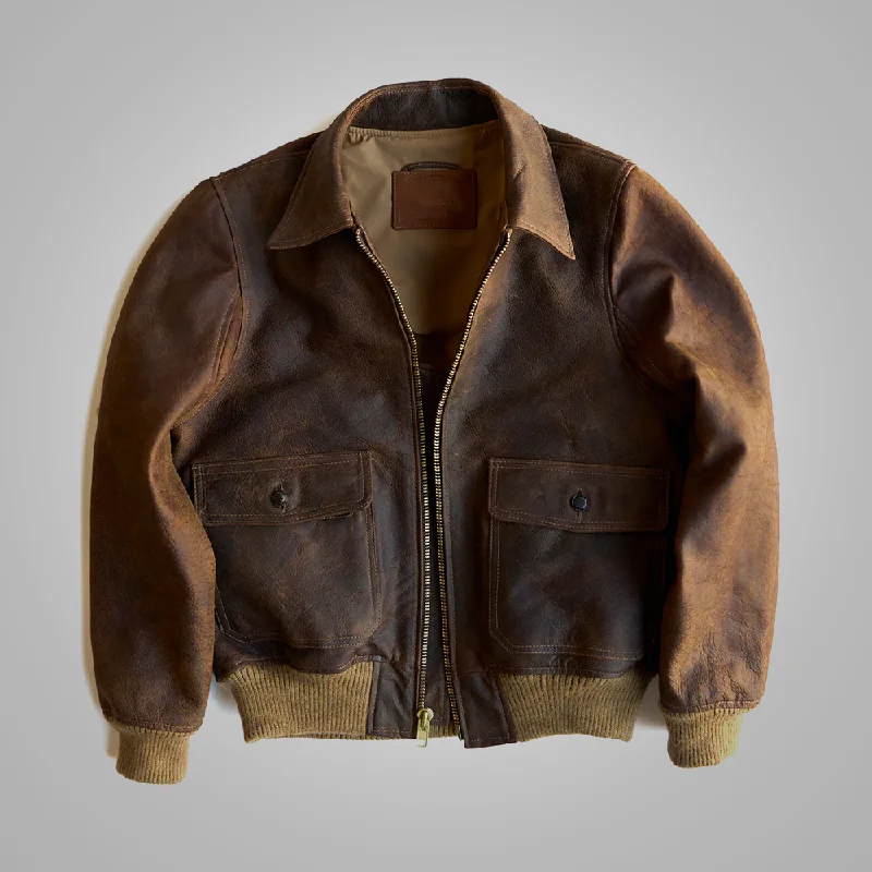 Men leather blouson jackets with a drawstring hem for a customizable fit Brown Men flying RAF  Aviator Cowhide Leather Biker Jacket