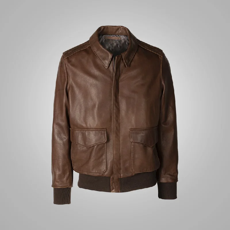Men leather chore jackets with a durable waxed - leather finish for a rustic and hard - wearing option Brown Men Lambskin  A-2 Flight Leather Jacket