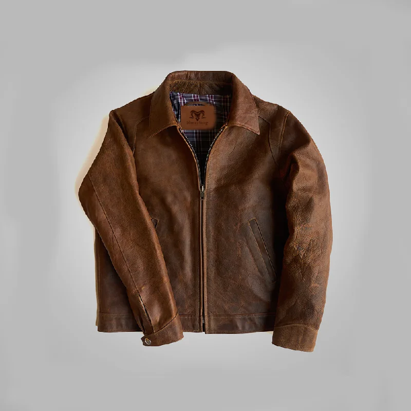 Men leather raincoats with a waterproof membrane for staying dry in wet conditions Brown Men Lambskin Iconic Trucker Leather Biker Jacket