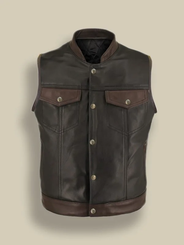 Men leather waistcoats with a decorative button - front for a formal and refined look Brown Leather Jacket