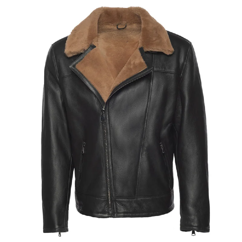 Men leather bomber jackets with ribbed cuffs and hem for a snug and retro feel Carters Ginger Brown Biker Shearling Jacket