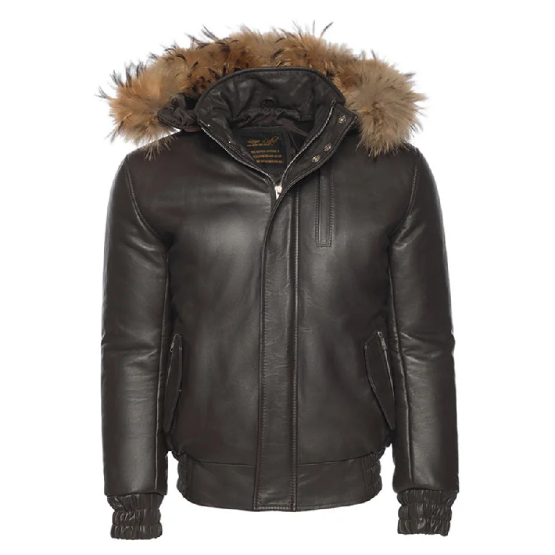 Men leather blazers with a modern fit for a stylish office - to - evening option Castillo Brown winter leather jacket with hoodie