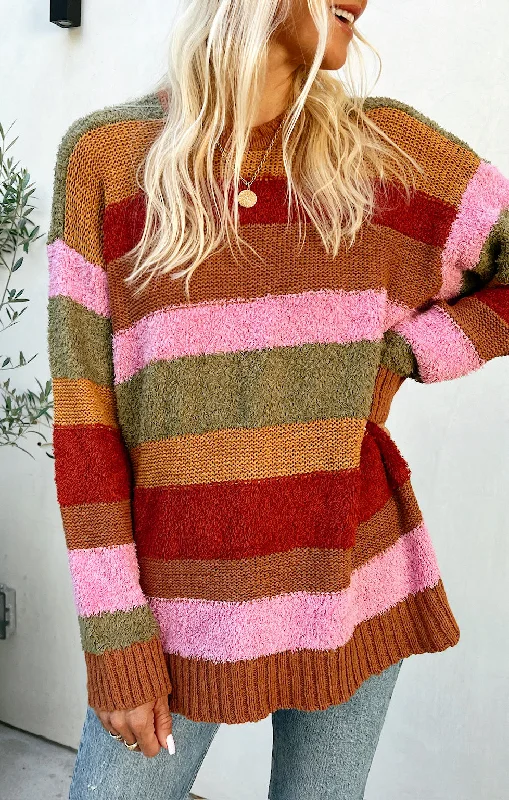 Men's Shearling - Lined Pullover in Tan for a Rugged and Warm Winter Ensemble Chilly Sweater ~ Hutch Multi Stripe Knit