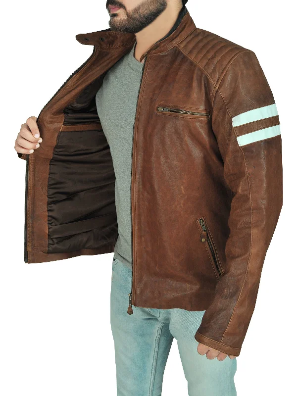 Men leather bomber jackets with ribbed cuffs and hem for a snug and retro feel Classic Brown Leather Biker Jacket