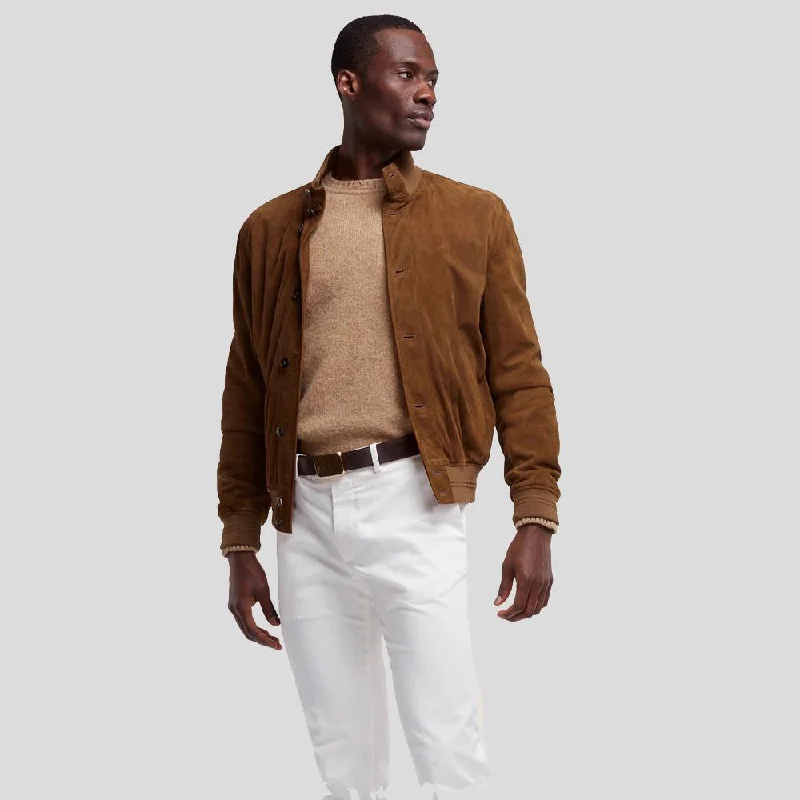 Men leather parkas with a removable fur - trimmed hood for a versatile and stylish look Cohen Tan Suede Leather Jacket