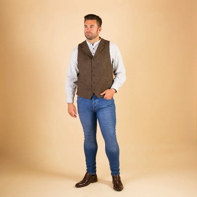 Zip - front men vest with multiple inner pockets for storage Collared Waistcoat, Brown Salt and Pepper