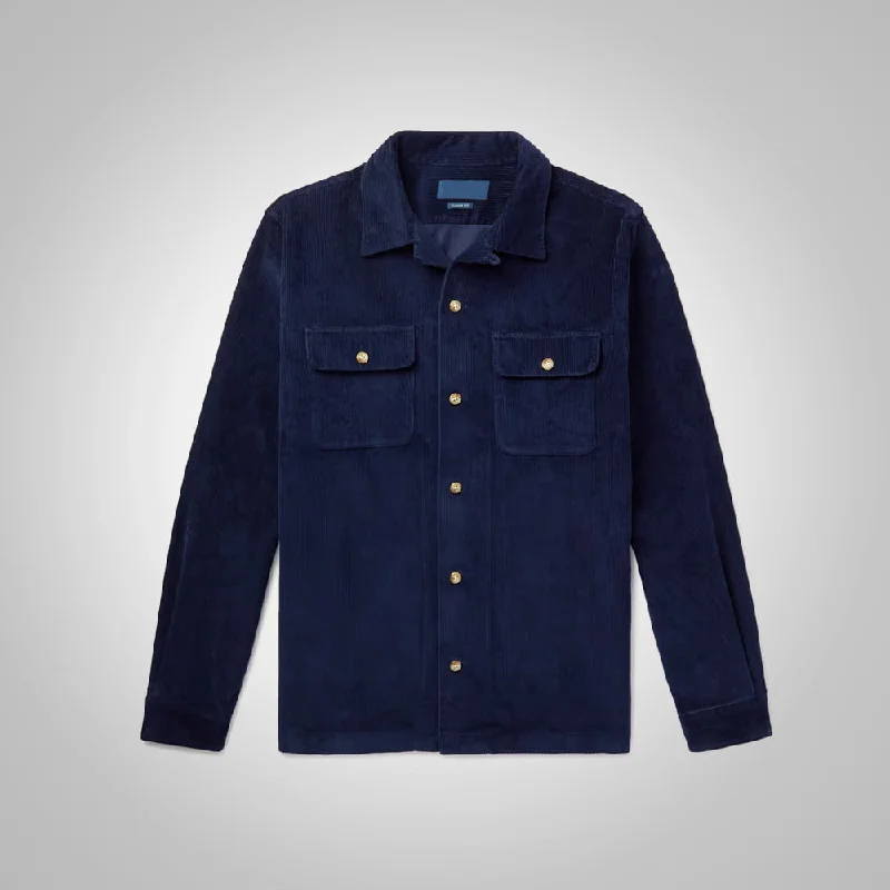Men leather peacoats with a wool - blend lining for extra warmth in cold weather Dark Blue Corduroy Jacket For Mens