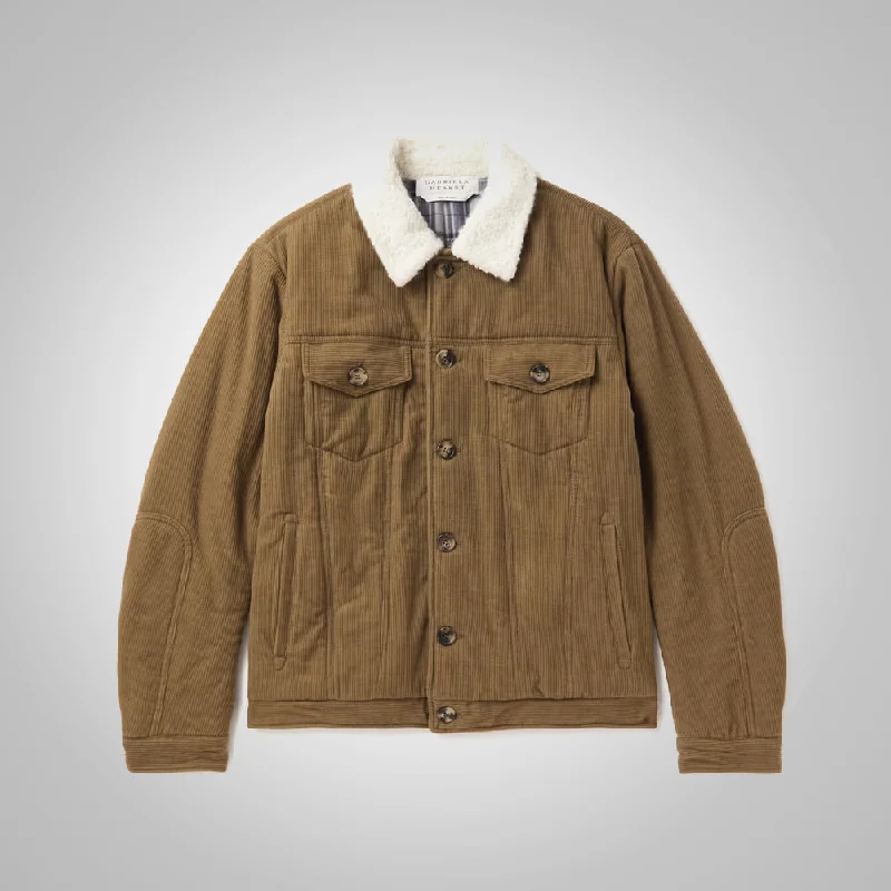 Men leather bomber jackets with ribbed cuffs and hem for a snug and retro feel Dark Brown Shearling Collar Corduroy Jacket